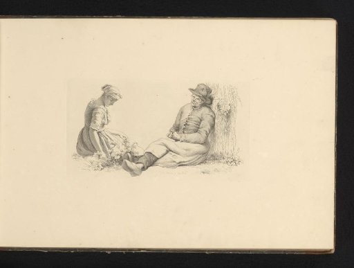 Young woman in the grass and man leaning against a tree