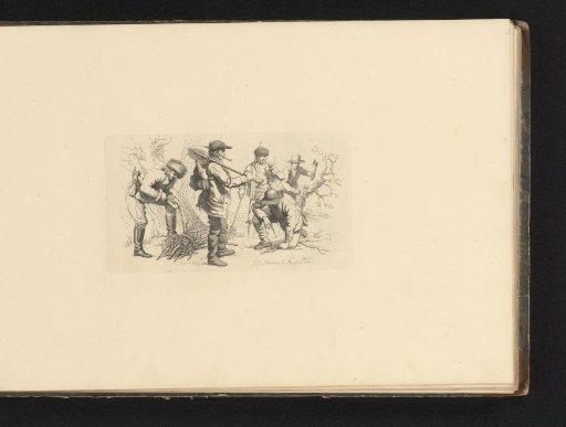 Forest landscape with woodcutters
