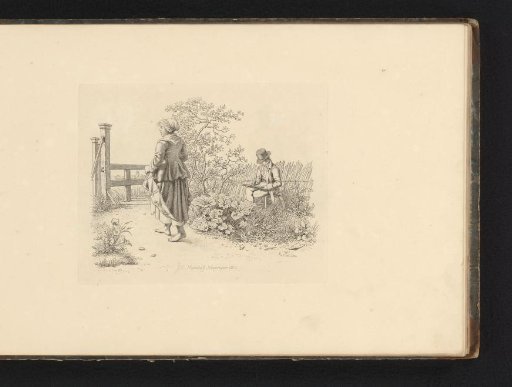Landscape with a sketching man and a woman walking toward a fence