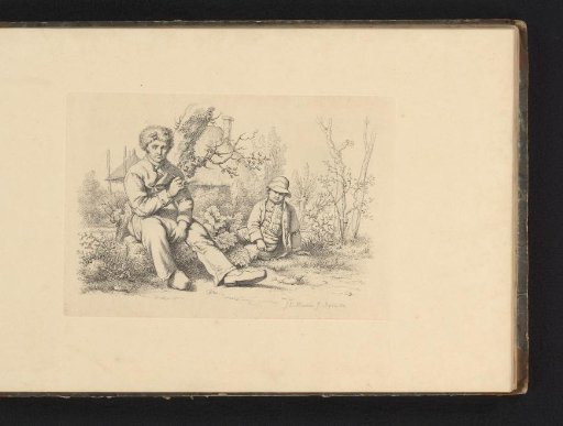 Man and boy smoking a pipe in front of a farmhouse