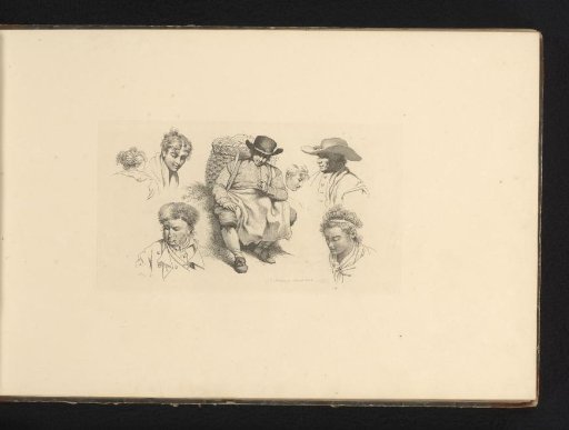Study sheet with a resting fishmonger and six heads