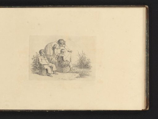 Two Children in Wicker Chairs and a Woman with Fish on a String