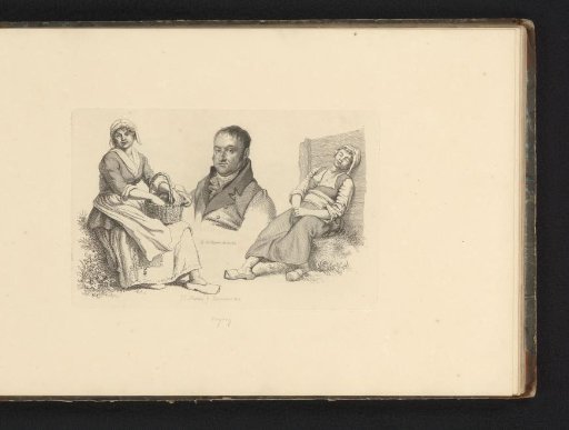 Portrait of Daniël Vrijdag between two peasant women