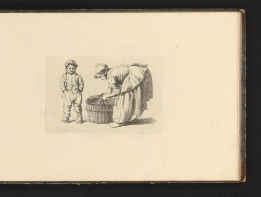 Woman with a washbasket and a boy