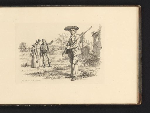 Landscape with a family and a hunter by a ruin