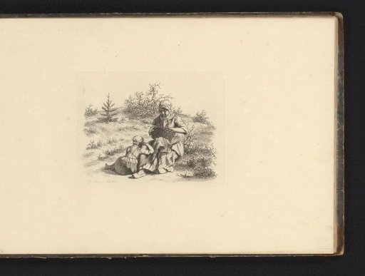 Mother with daughter leaning on her knee and a basket on her lap