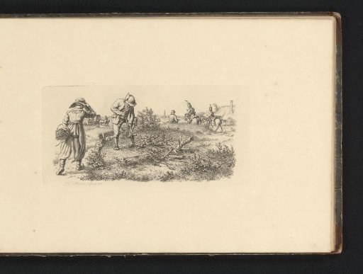 Landscape with figures, soldiers on horseback, and a horse and cart by a village