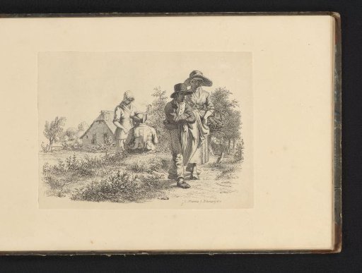 Blind woman and conversing figures at a farm