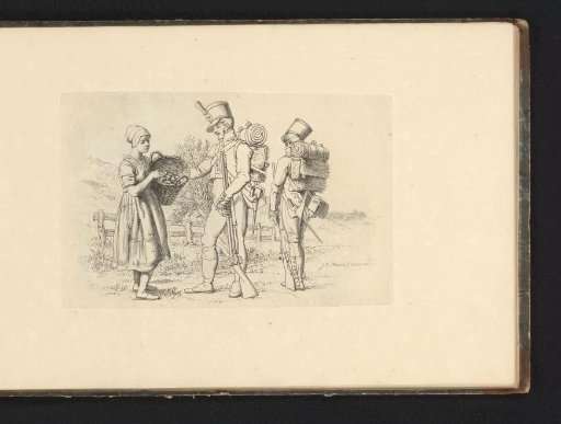 Two Soldiers with a Young Woman Holding a Fruit Basket