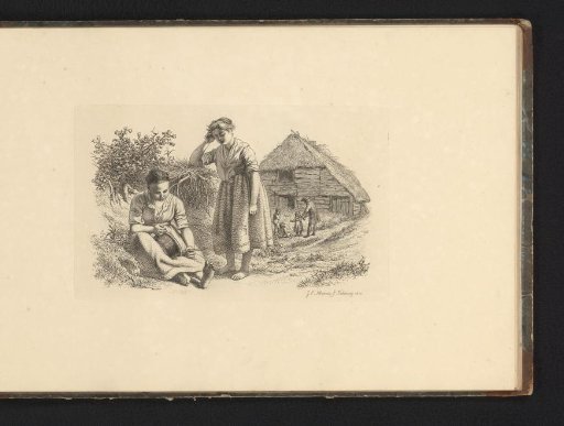 Two Women and a Man with Children in Front of a Farmhouse