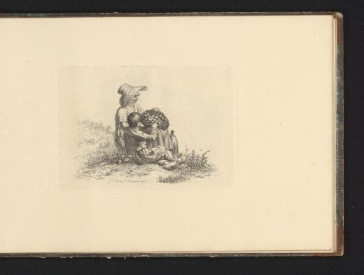 Mother and son sitting with a basket and bottle