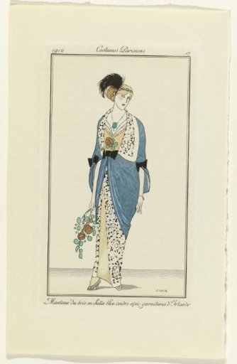 Journal des Dames et des Modes, 1912, Parisian Costumes, no. 17: Evening Coat in Blue Satin (...)