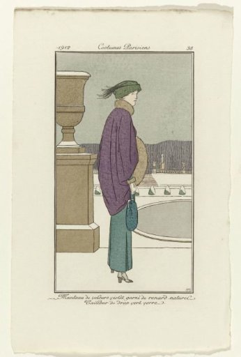 Journal des Dames et des Modes, 1912, Parisian Costumes, no. 38: Violet Velvet Coat (...)