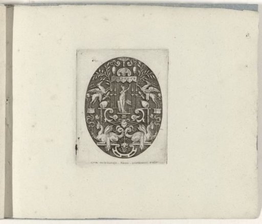 Bellona Under a Baldachin, Flanked by Two Rearing Winged Stags