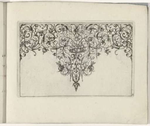 Ornamental Print with a Point Filled with Scrollwork Containing Flowers and Two Snails at the Bottom