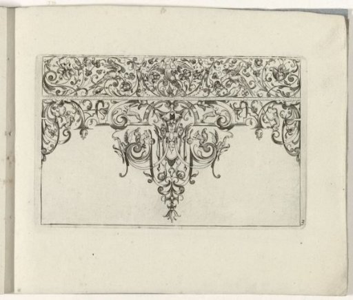 Ornamental Print with a Point Filled with Scrollwork Containing Animals and Flowers; Above the Point a Frieze with Scrollwork Containing Flowers and Three Birds