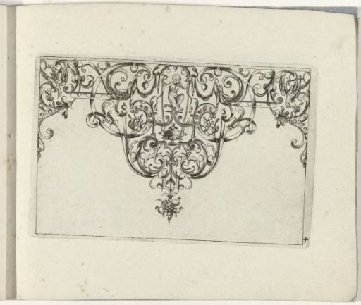 Ornamental Print with a Point with Scrollwork, Two Birds and Two Dogs, and in the Middle Top an Ape