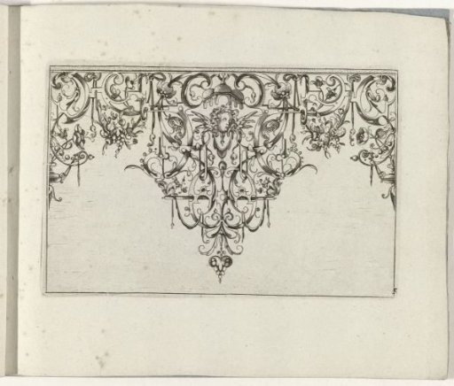 Ornamental Print with a Point with Scrollwork, and in the Middle an Angel's Head