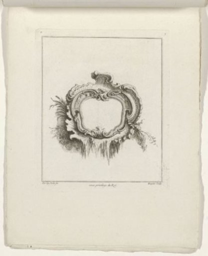 Cartouche surrounded by rocailles and leaves
