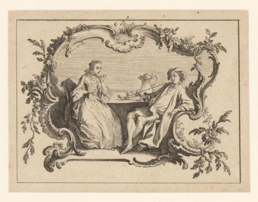 Woman and pipe-smoking man at table in a cartouche