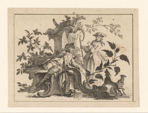 Man smoking a pipe with a musket and a woman with two dogs on a rococo ornament