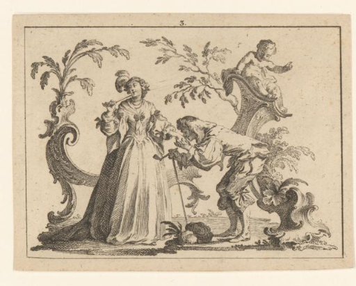 Man smoking a pipe with a cane kissing a woman's hand on a rococo ornament