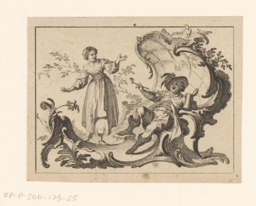 Man smoking a pipe and drinking, seated on a rococo ornament