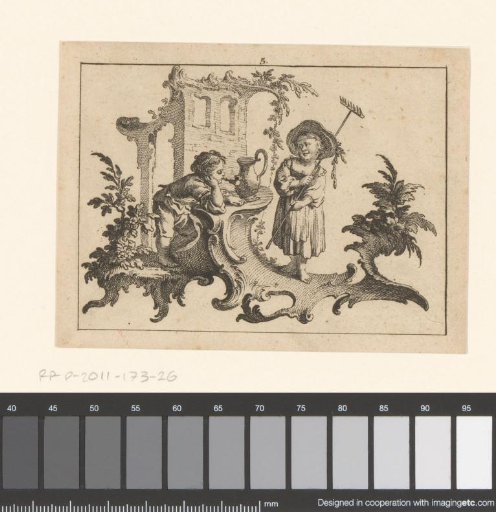 Child smoking a pipe and a child in peasant clothing on a rococo ornament