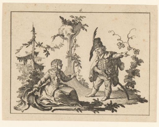 Seated woman with a standing man smoking a pipe beside her on a rococo ornament