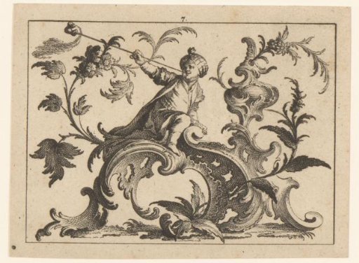Man smoking a pipe with a turban, seated on a rococo ornament