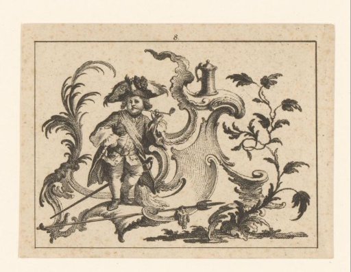 Man smoking a pipe leaning against a rococo ornament