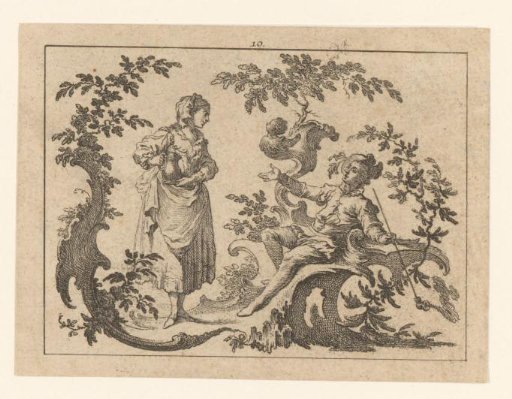 Man smoking a pipe, seated, with a standing woman holding a jug beside him on a rococo ornament