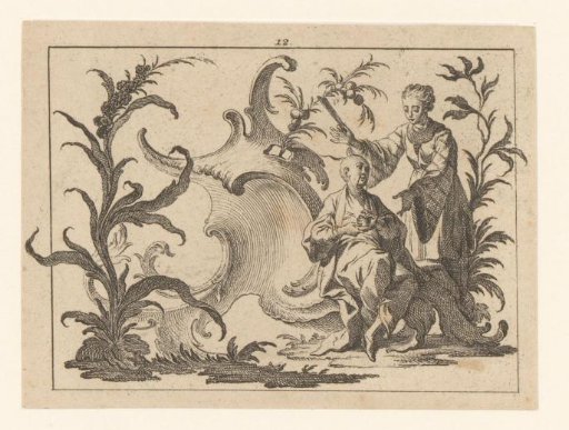 Chinese man with a cup and saucer, seated in a rococo ornament, beside him a woman with a fan standing