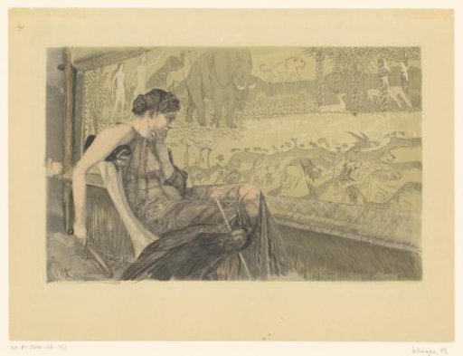 Penelope, lost in thought, looking at her loom
