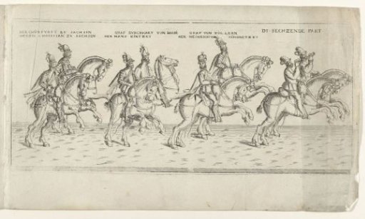 Procession with nobles Churfurst zu Sachsen, Herzog Christian zu Sachsen, Graf Burckhart von Barbi, Her Hans Kintzky, Graf von Zöllern, and Her Heinrich von Schonetzky with hornblowers on horseback