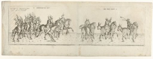 Procession with riders Innocentius von Storstidel, Fritz von Storstidel, and Hans von Littichaw, dressed as Turks with severed heads, preceded by a monk, a quack doctor, and a jester