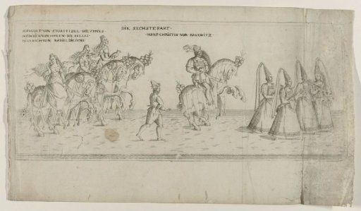 Haugolt von Storstidel as Venus, Heinrich von Hagen as Minerva, Diterich von Rabiel as Juno, and Hans Christof von Ragewitz as Paris, all on horseback and accompanied by a page and four musicians