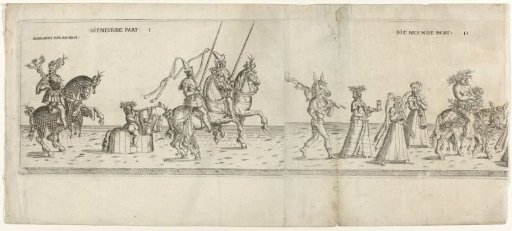 Parade with costumed characters, including rider Bernhart von Ahren, a donkey with a spit, Janus, Bacchus on a donkey, and two musicians