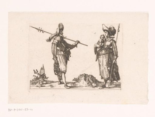 Pikeman and a woman with a child holding a lance