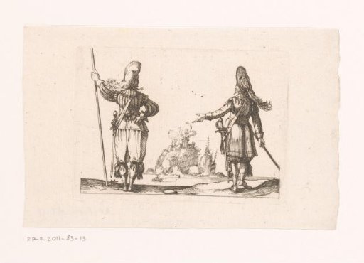 Pikeman and officer with a view of a burning castle