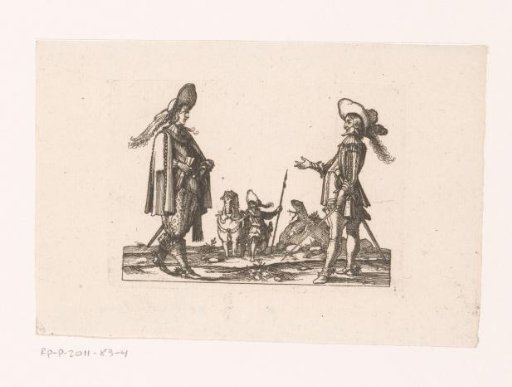 Two officers and a servant with a horse