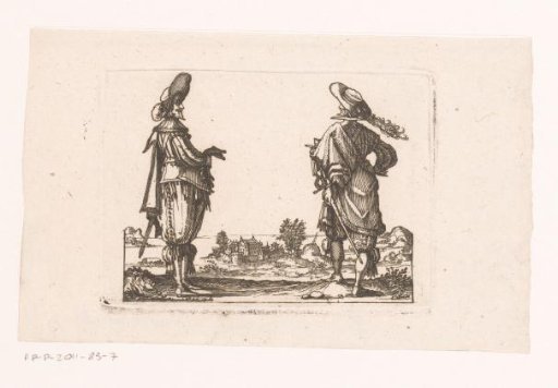 Two officers with a view of a water castle