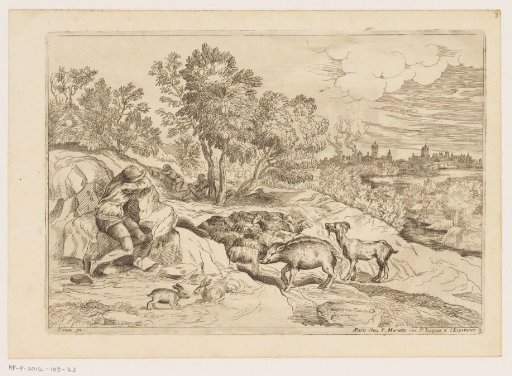 Landscape with three resting shepherds with a flock