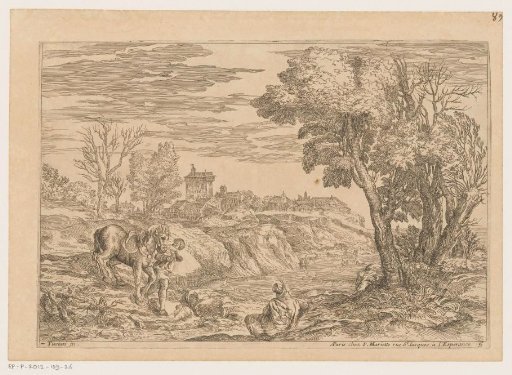 Landscape with a man with a horse crossing a river
