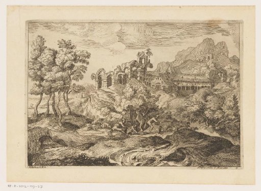 Landscape with shepherds with a flock near a ruin