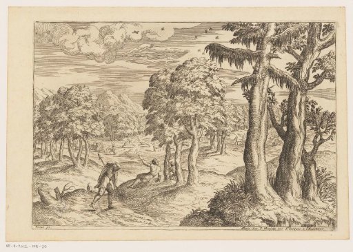 Landscape with hunters near a herd of deer