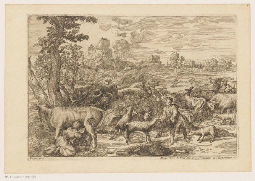 Landscape with a cow-milking woman amidst a flock