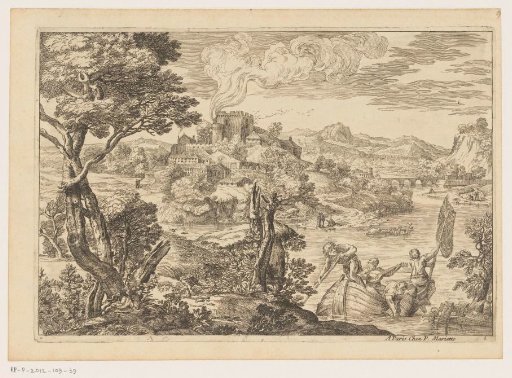 River landscape with a fishing boat and a musician