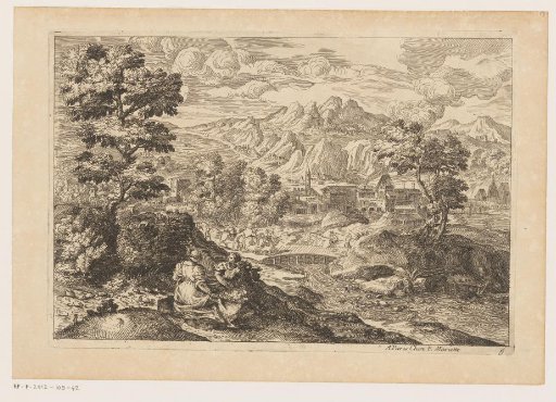 Landscape with women picking flowers and riders crossing a bridge