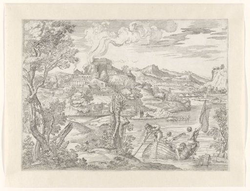 Landscape with a boat containing fishermen and a lute player